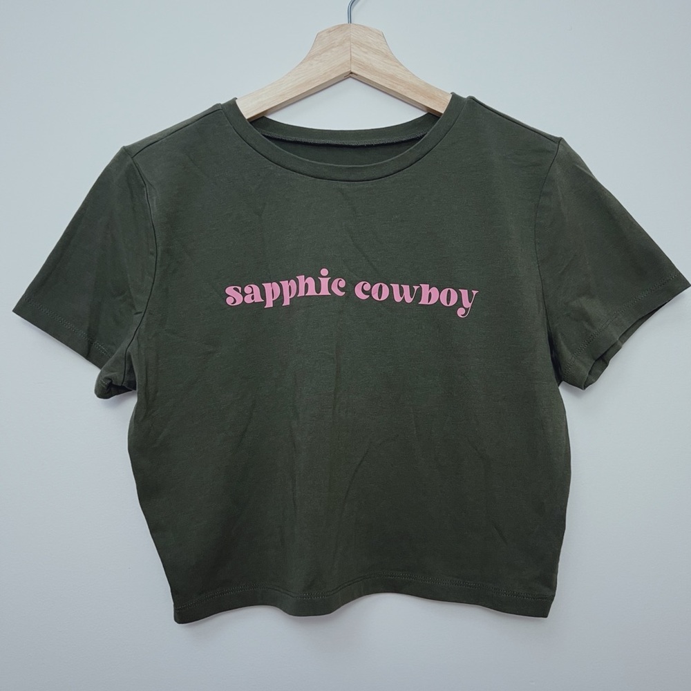 Sapphic Cowboy Soft Green crop top shirt pink logo, soft material, rustic style